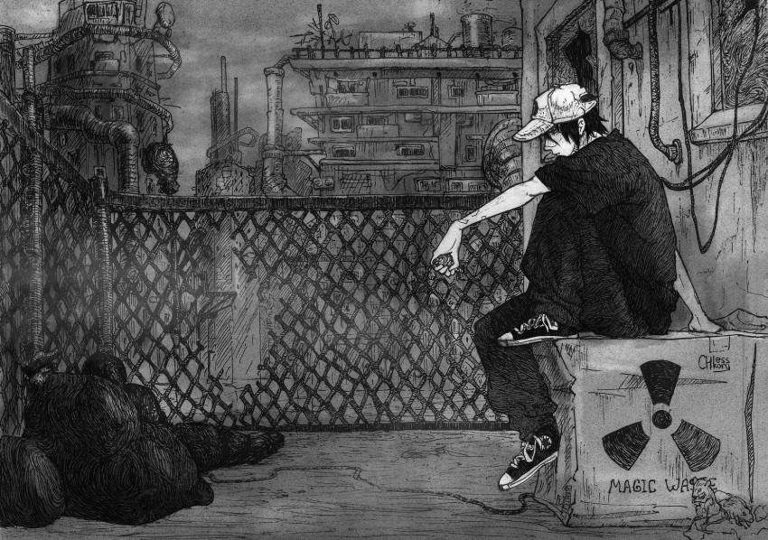 1boy, ai_coleman, arm_rest, baseball_cap, black_hair, black_shirt, box, cheerless-chikory