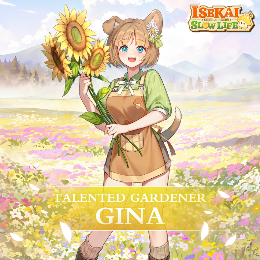 1girl, alternate_costume, animal_ears, apron, artist_request, blue_eyes, blue_sky, blush, bow, brown_apron, brown_hair, brown_shorts, brown_socks, character_name, clouds, cloudy_sky, coin, colored_text, dog_ears, dog_girl, dog_tail, field, flower, flower_field, fog, gina_(isekai:_slow_life), green_shirt, hair_flower, hair_ornament, holding, holding_flower, isekai:_slow_life, leaf, logo, mountain, mushroom, nose_blush, official_alternate_costume, one_eye_closed, open_mouth, outdoors, pocket, ribbed_socks, ribbon, shirt, short_hair, shorts, sky, smile, socks, sparkle, sunflower, tail, teeth, tree, upper_teeth_only, white_bow, white_flower, white_ribbon, yellow_flower