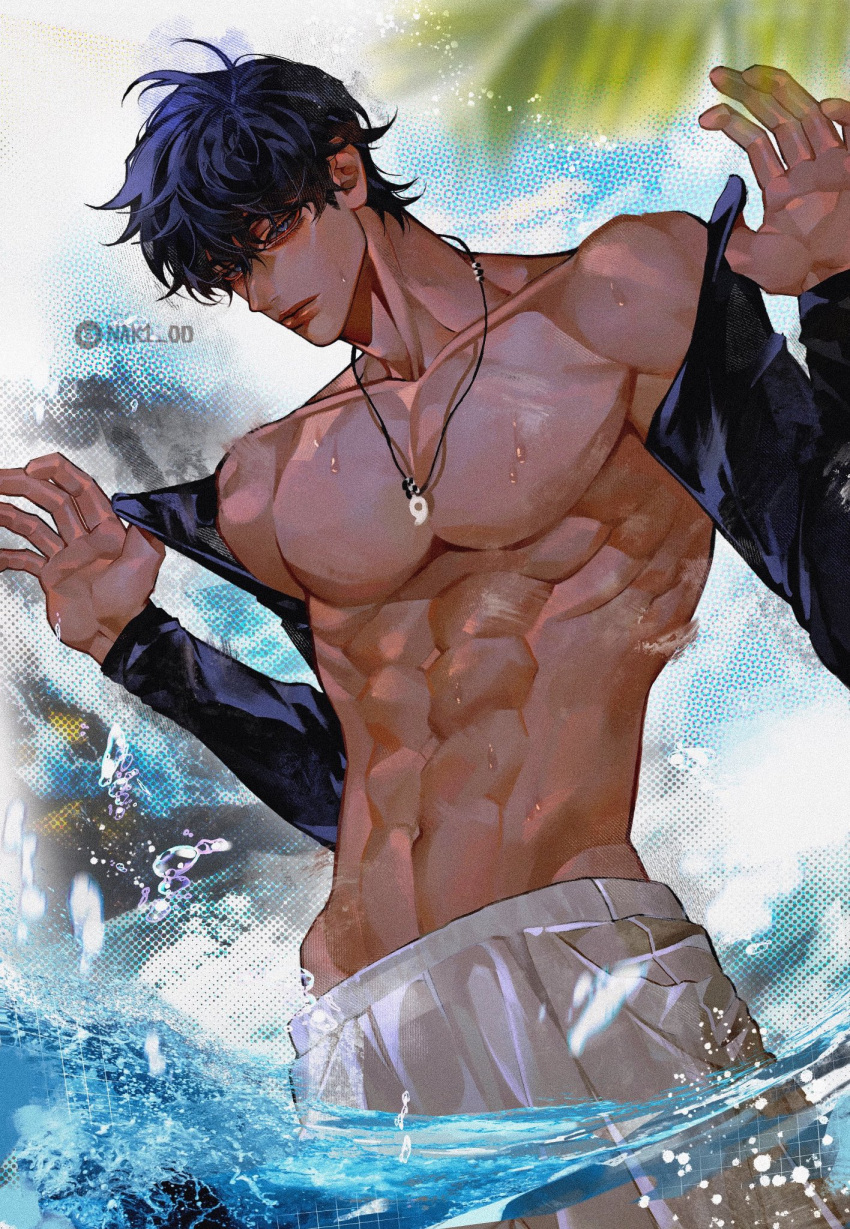 1boy, abs, bishounen, black_hair, blue_sky, clothes_lift, collarbone, cowboy_shot