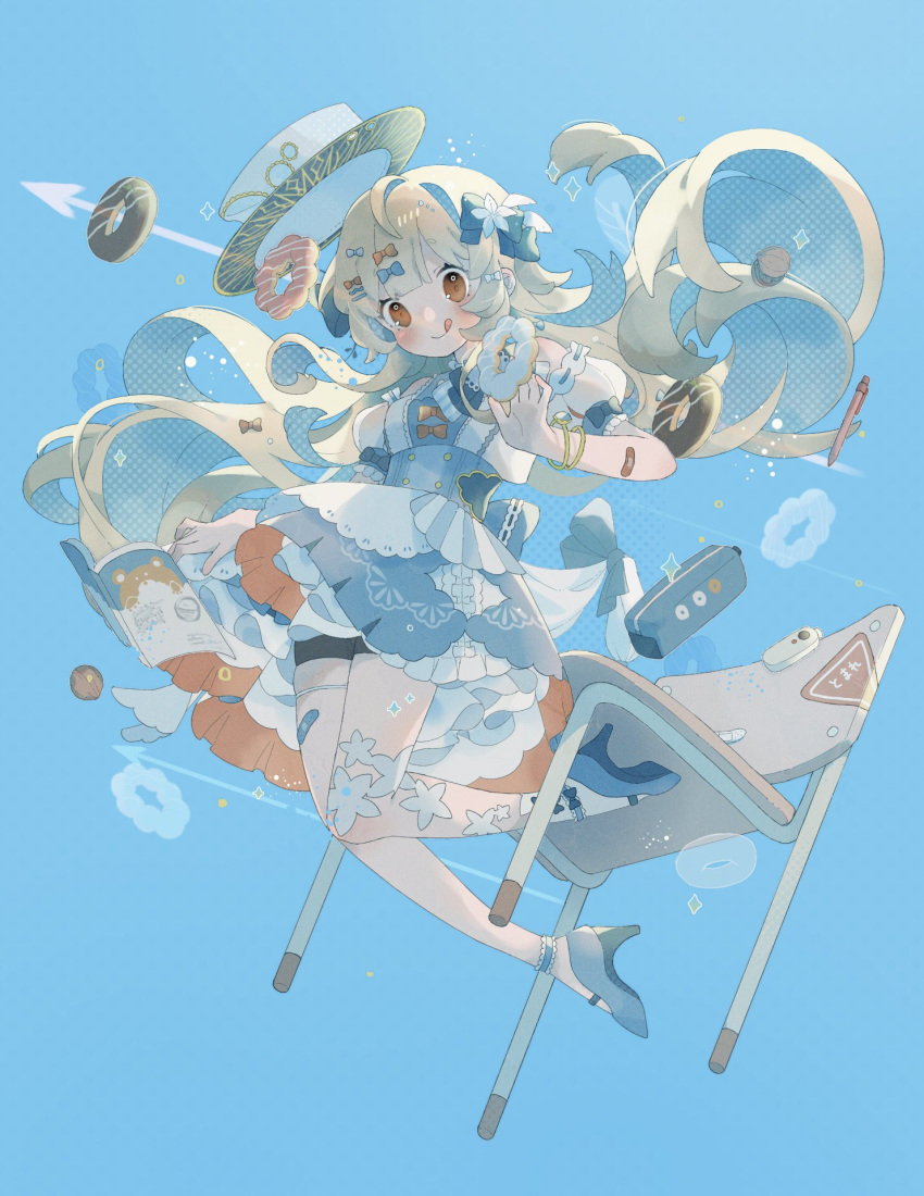 1girl, :q, ankle_strap, armlet, arrow_(symbol), asymmetrical_legwear, back_bow, bandaid, bandaid_on_arm, bandaid_on_leg, bare_legs, bare_shoulders, bike_shorts_under_skirt, blonde_hair, blue_corset, blue_hair, blue_headwear, blue_theme, blunt_bangs, boater_hat, bow, breasts, brown_eyes, buttons, chair, closed_mouth, collar, corset, detached_sleeves, doughnut, dress, floating, floating_hair, floating_object, food, frilled_collar, frilled_straps, frills, halftone, high_heels, highres, holding, holding_food, layered_dress, light_blue_background, long_hair, looking_at_object, mary_janes, miniko_0325, multicolored_hair, multiple_hairpins, notebook, original, pen, pencil_case, petticoat, puffy_detached_sleeves, puffy_short_sleeves, puffy_sleeves, ribbon, ribbon_hair_ornament, road_sign, school_chair, shoes, short_sleeves, sidelocks, sign, simple_background, skindentation, small_breasts, socks, solo, sparkle, stop_sign, thigh_strap, tongue, tongue_out, two-tone_hair, very_long_hair, walnut, white_dress, white_headwear, white_socks