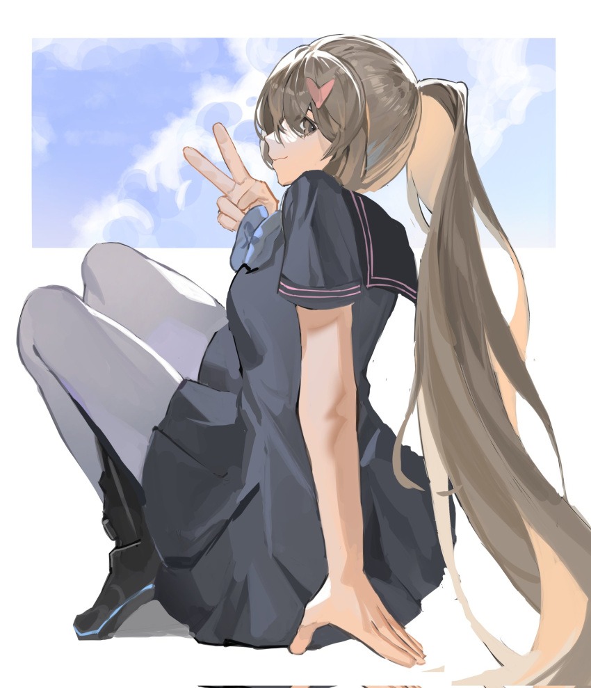1girl, black_sailor_collar, black_serafuku, brown_eyes, brown_hair, grey_pantyhose, hair_between_eyes, hair_ornament