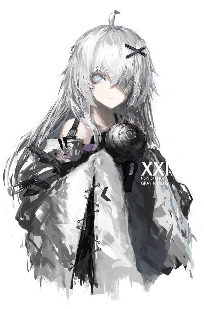 1girl, ahoge, bandage_over_one_eye, character_name, closed_mouth, copyright_name, crossed_bangs, detached_sleeves