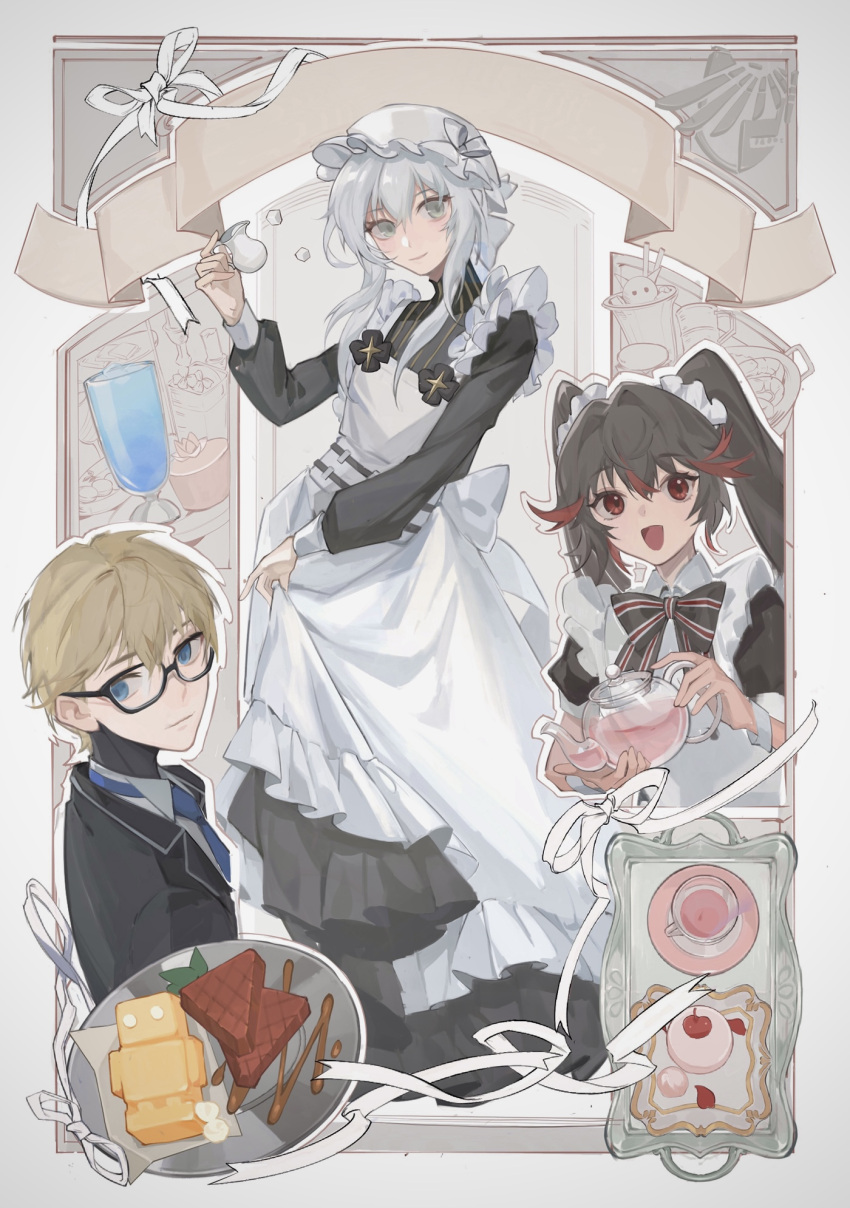 18_kawaki, 1boy, 2girls, alternate_costume, apron, black-framed_eyewear, black_dress, black_hair