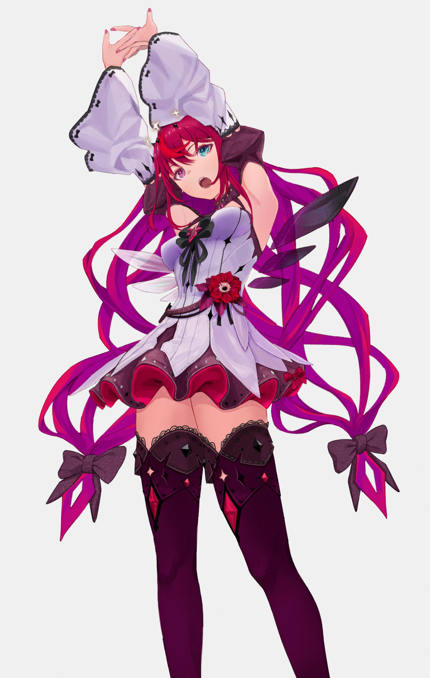 1girl, absurdres, armpits, blue_eyes, breasts, crystal_wings, deenamaito, detached_sleeves, detached_wings, double_halo, dress, halo, heterochromia, highres, hololive, hololive_english, horns, interlocked_fingers, irys_(1st_costume)_(hololive), irys_(hololive), jewelry, juliet_sleeves, long_hair, long_sleeves, medium_breasts, multicolored_hair, multiple_horns, outstretched_arms, own_hands_together, pointy_ears, puffy_sleeves, purple_hair, purple_thighhighs, redhead, short_dress, sleeveless, sleeveless_dress, solo, star_halo, streaked_hair, thigh-highs, very_long_hair, virtual_youtuber, white_dress, wings