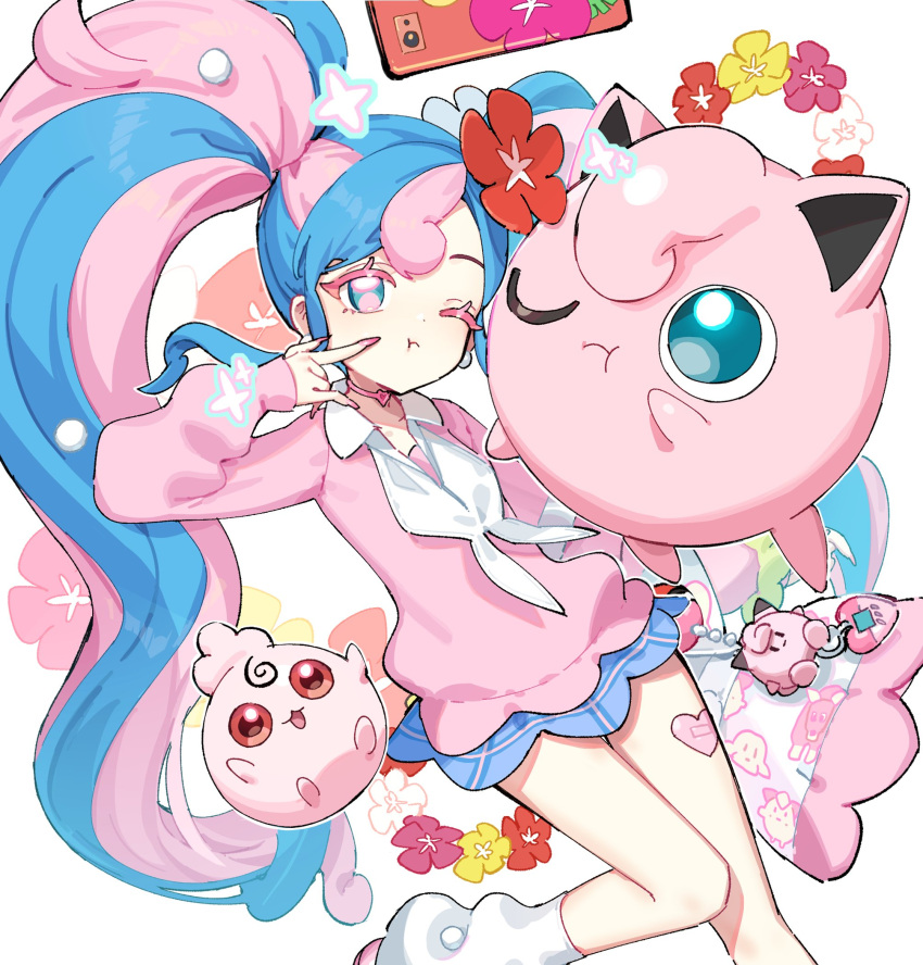 1girl, bag, blue_skirt, bull_sprite_(pokemon), cardigan, cellphone, choker, clefairy_sprite_(pokemon)