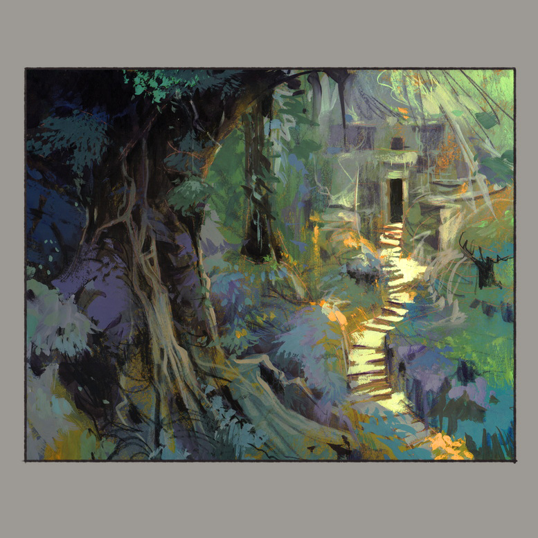 border, building, colored_pencil_(medium), commentary, day, english_commentary, gouache_(medium), grey_border, nathan_fowkes, nature, no_humans, original, outdoors, painting_(medium), ruins, scenery, stairs, sunlight, traditional_media, tree
