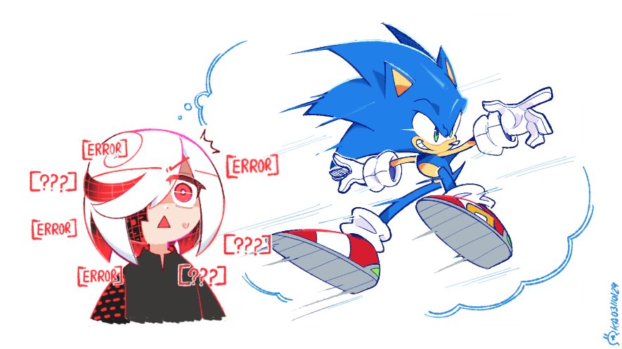 1boy, 1girl, ?, ??, animal_ears, animal_nose, commentary, english_commentary, english_text, full_body, furry, furry_male, gloves, green_eyes, grin, hair_over_one_eye, imagining, k0smic_aries, motion_lines, open_mouth, red_eyes, red_footwear, sage_(sonic), shoes, short_hair, simple_background, sliding, smile, sonic_(series), sonic_frontiers, sonic_the_hedgehog, tail, thought_bubble, white_background, white_gloves, white_hair