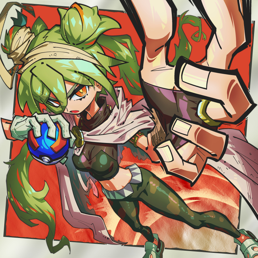 1girl, absurdres, armlet, bandaged_arm, bandages, cape, crocs, dedeen