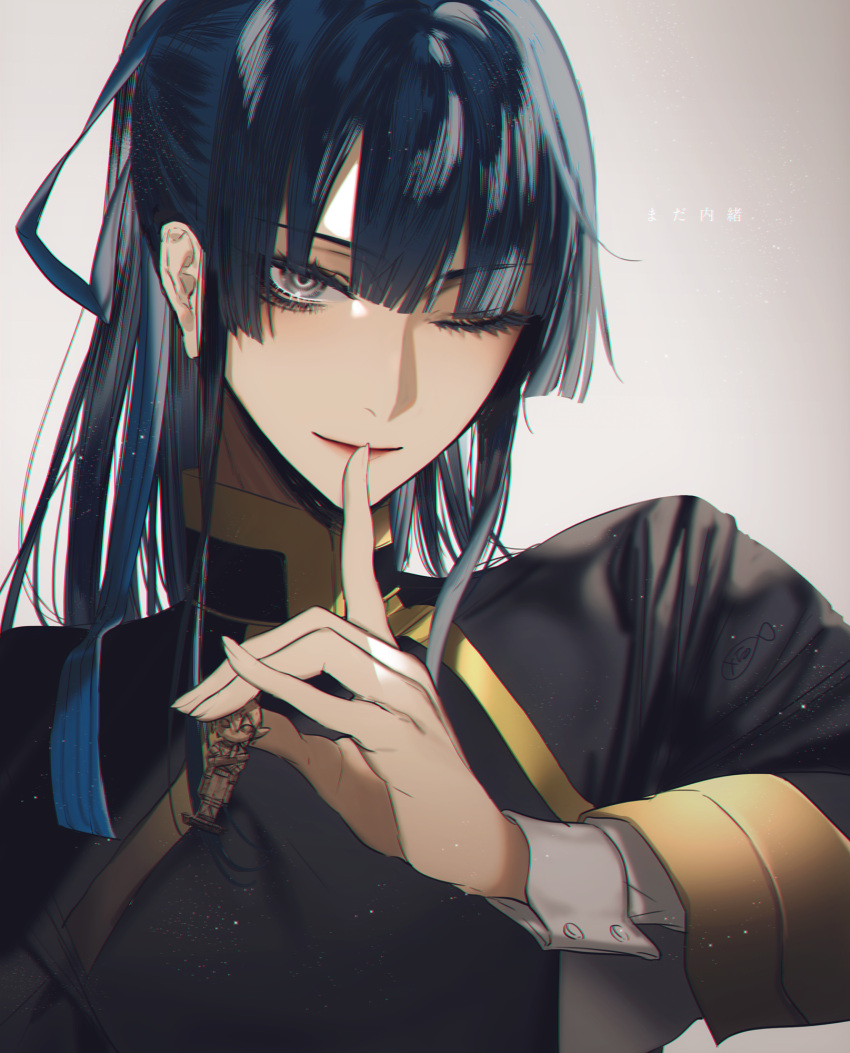 1other, androgynous, black_hair, eyelashes, grey_eyes, hair_ornament, hair_ribbon, happy