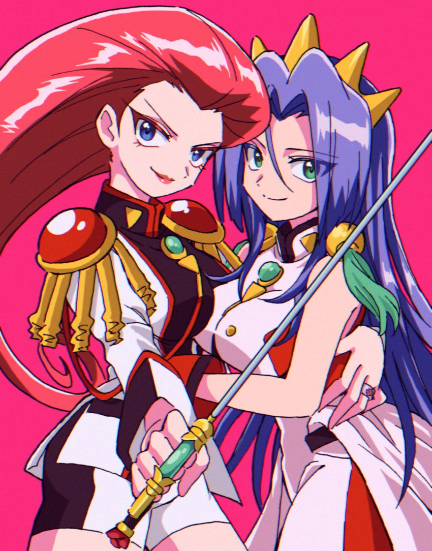 1boy, 1girl, blue_eyes, blue_hair, crossdressing, crown, green_eyes, highres, holding, holding_sword, holding_weapon, james_(pokemon), jessie_(pokemon), jewelry, macchiromomomo, pink_background, pokemon, pokemon_(anime), redhead, ring, shoujo_kakumei_utena, smile, sword, weapon