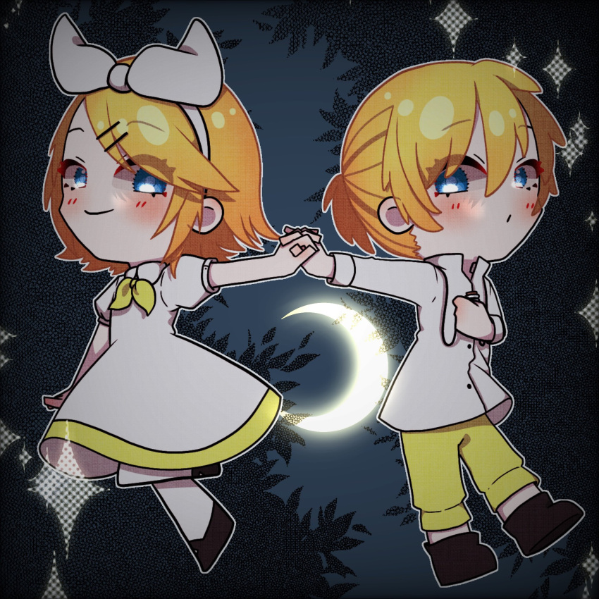 1boy, 1girl, ahoge, black_footwear, blonde_hair, blue_eyes, bottle, bow