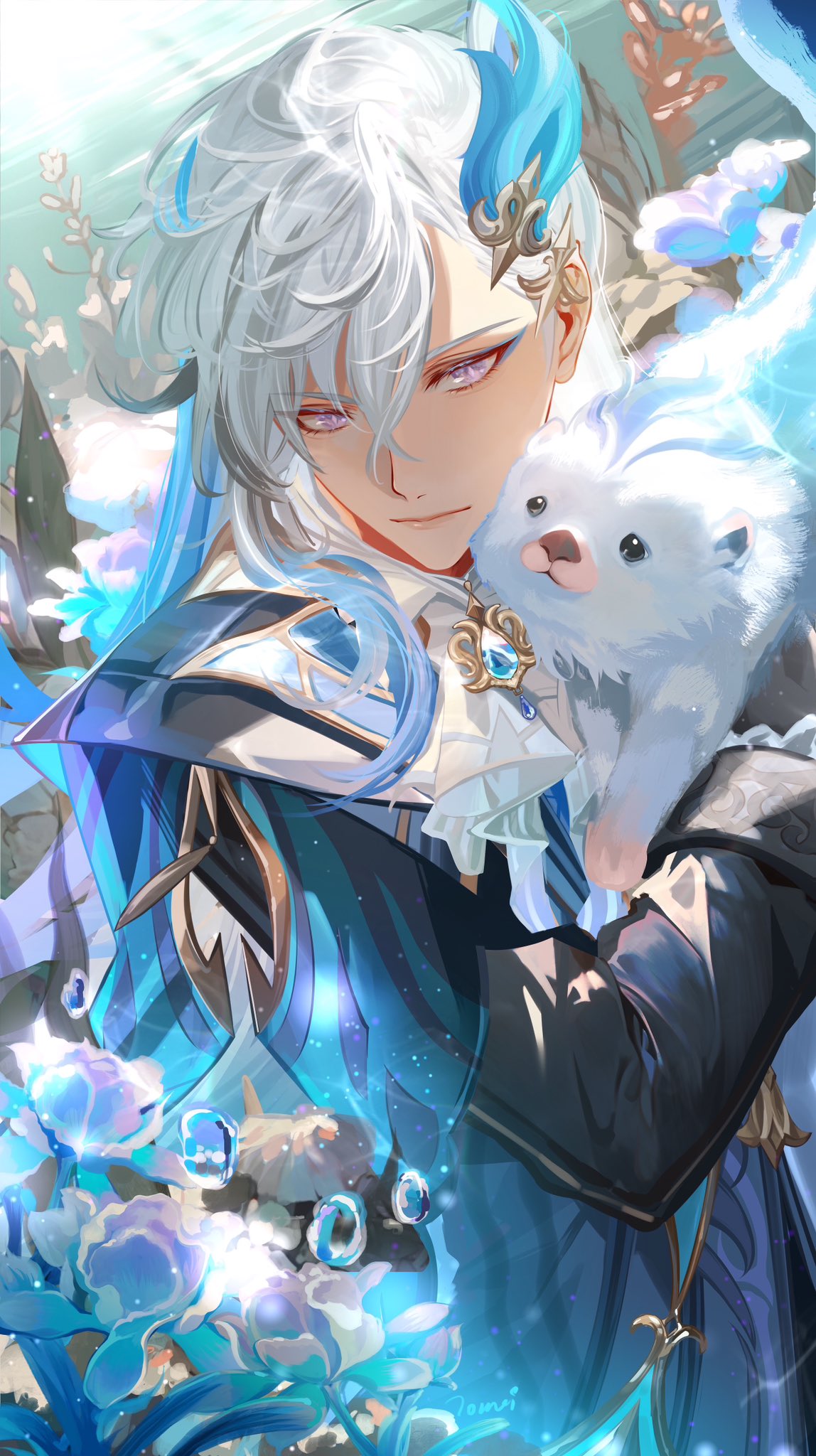 1boy, animal, ascot, black_gloves, blue_coat, blue_flower, blue_hair, brooch