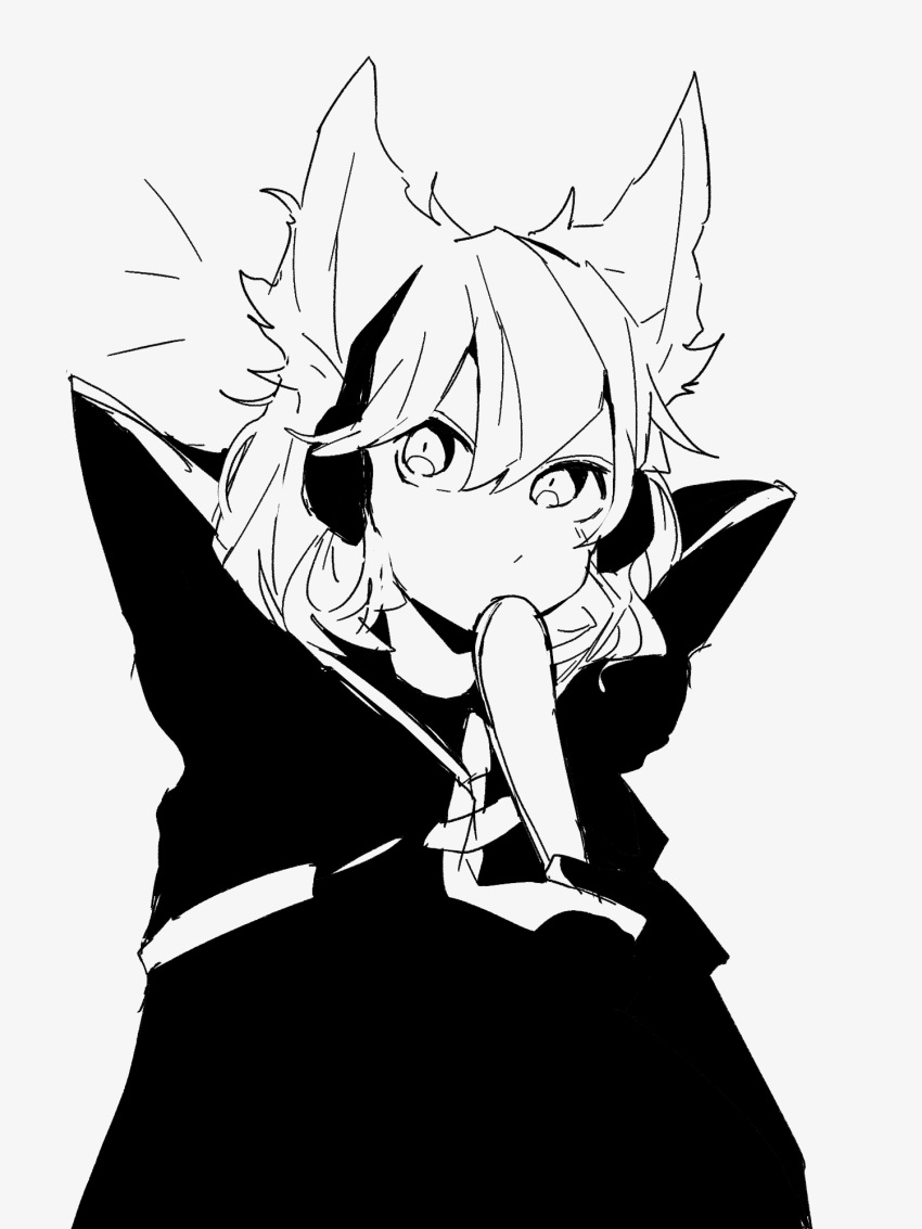 1girl, cape, closed_mouth, dot_mouth, earmuffs, greyscale, hair_between_eyes, highres