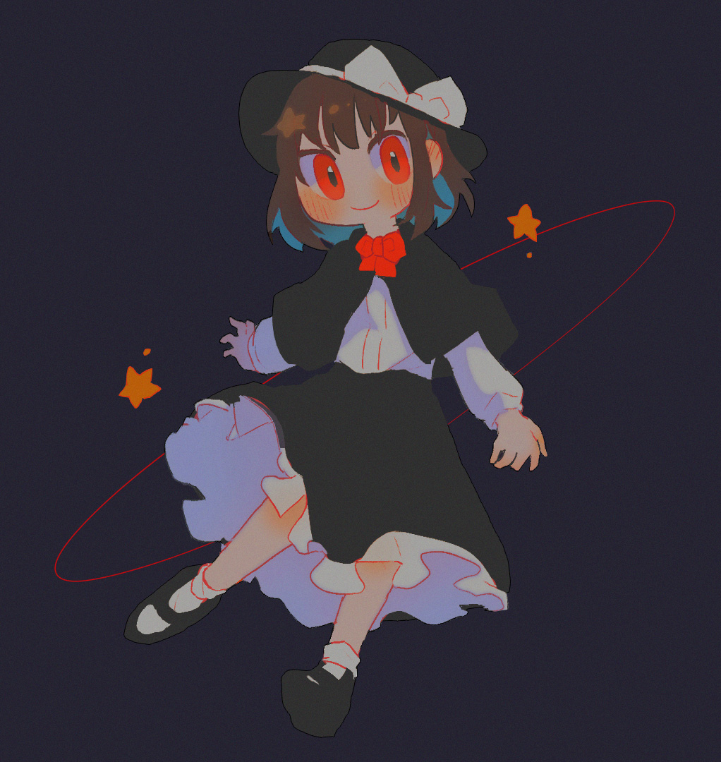 1girl, black_background, black_capelet, black_footwear, black_skirt, blush, bow, bowtie