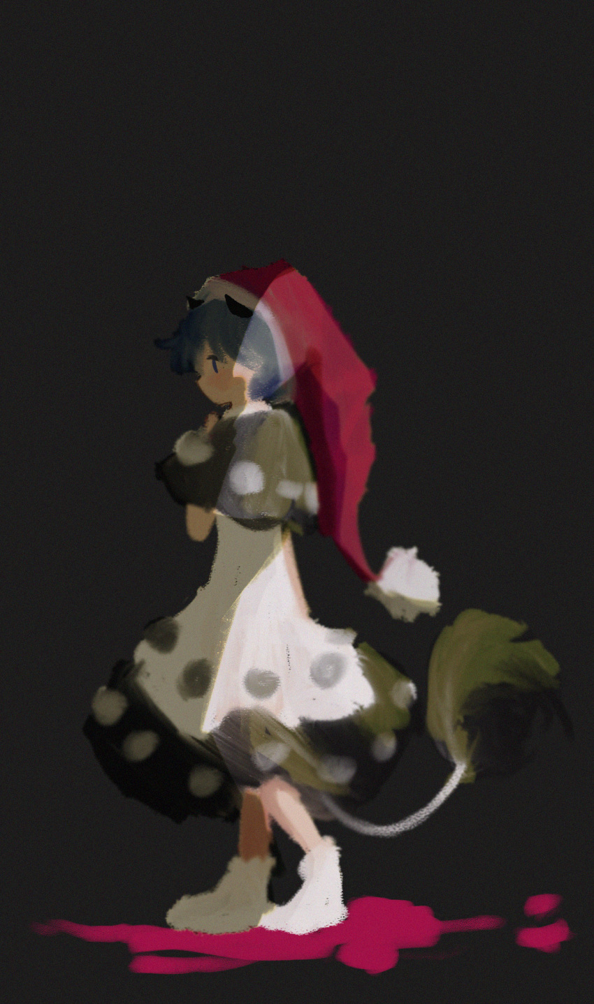 1girl, black_background, black_capelet, blue_hair, capelet, dark_background, doremy_sweet, dress