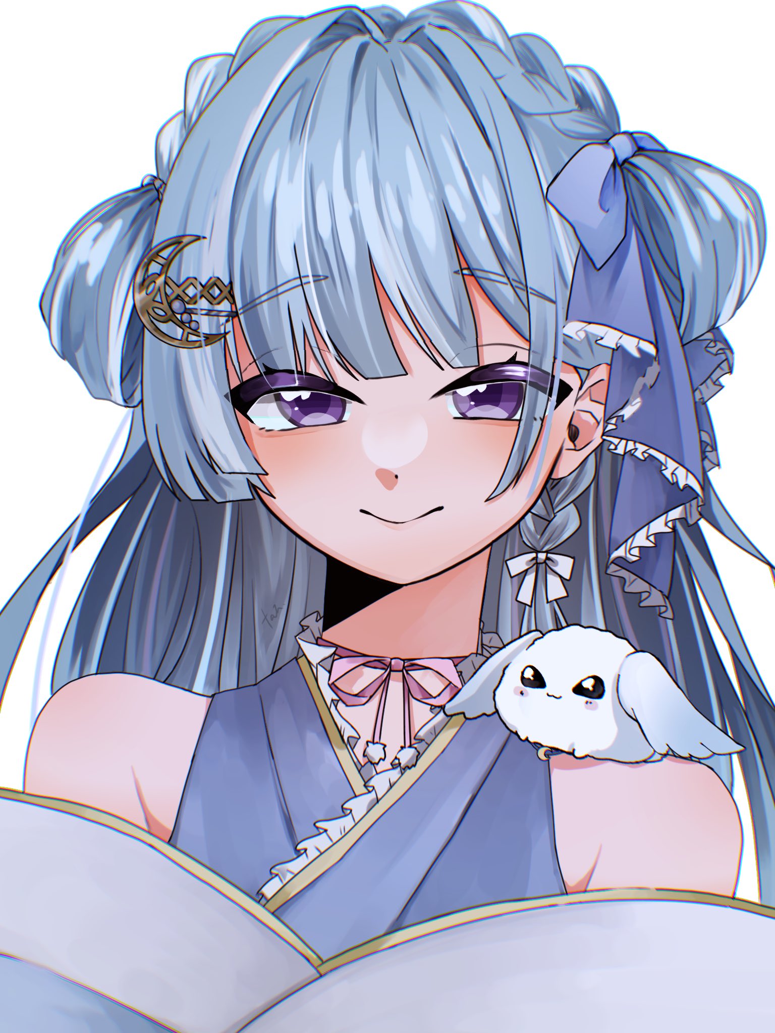 1girl, amaui, animal_on_shoulder, blue_bow, blue_hair, blue_kimono, blunt_bangs, blush, bow, braid, closed_mouth, commentary, crescent, crescent_hair_ornament, crown_braid, hair_bow, hair_ornament, highres, japanese_clothes, kimono, long_hair, looking_at_viewer, medium_bangs, nanashi_inc., off_shoulder, pococo, rabbit, side_braid, simple_background, smile, solo, upper_body, violet_eyes, virtual_youtuber, white_background, white_bow