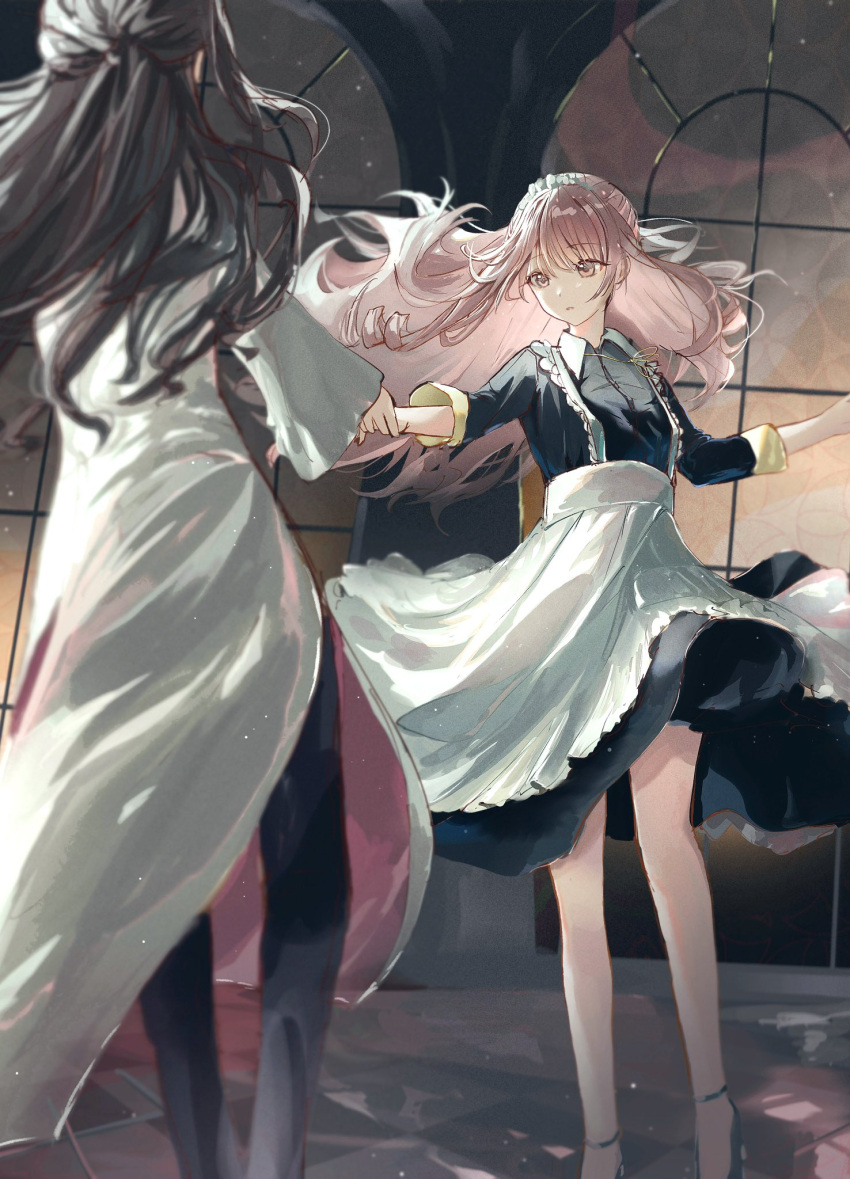 1girl, 1other, akiyama_mizuki, amuko08, androgynous, apron, back, black_dress