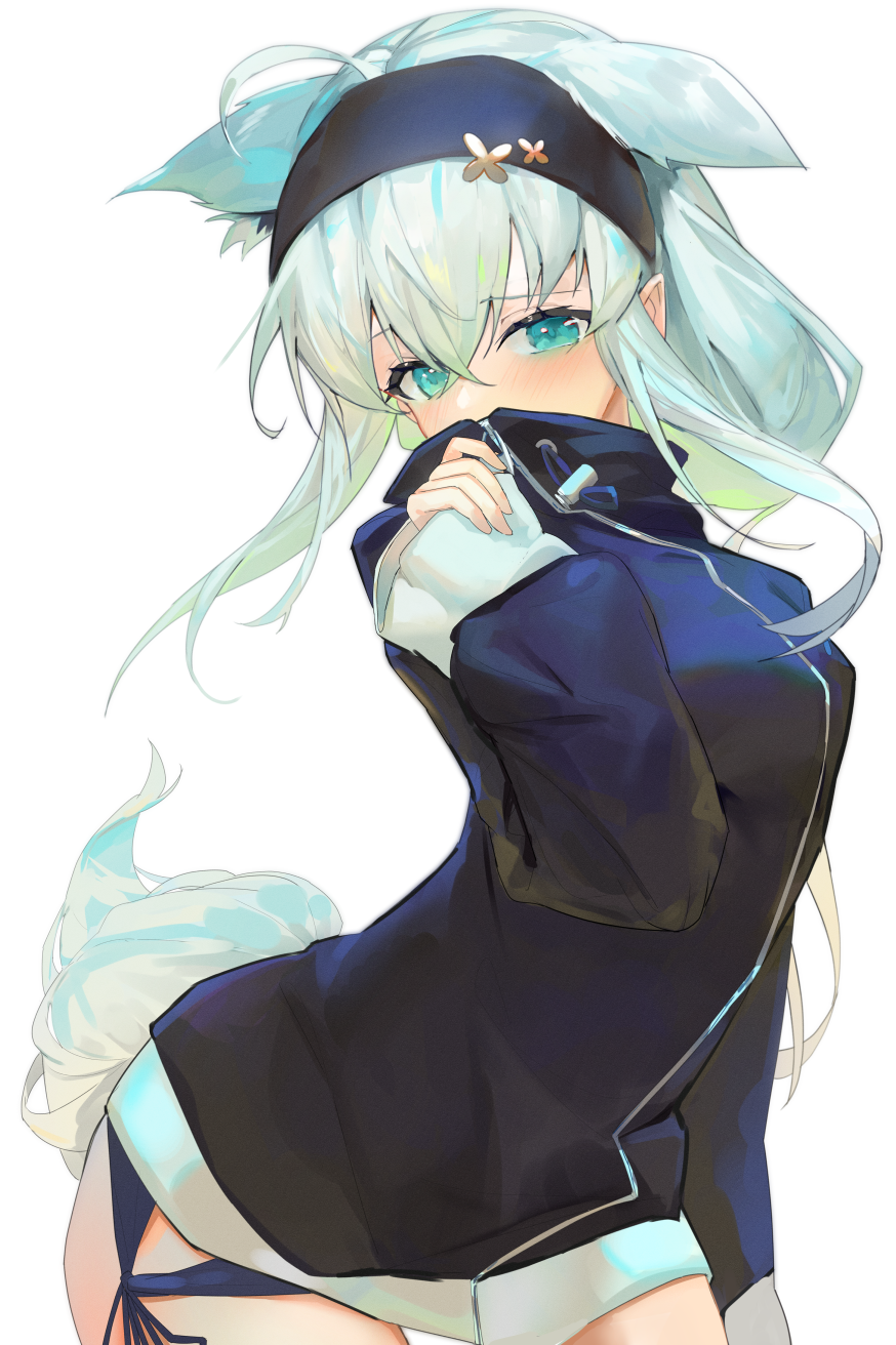 1girl, ahoge, animal_ear_fluff, animal_ears, blue_hairband, blue_jacket, blush, braid