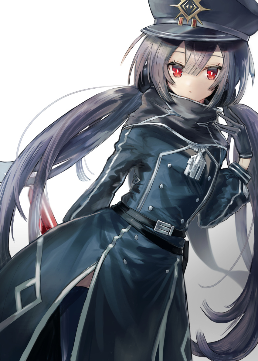 1girl, :o, absurdres, arm_behind_back, belt, black_belt, black_gloves, blue_thighhighs