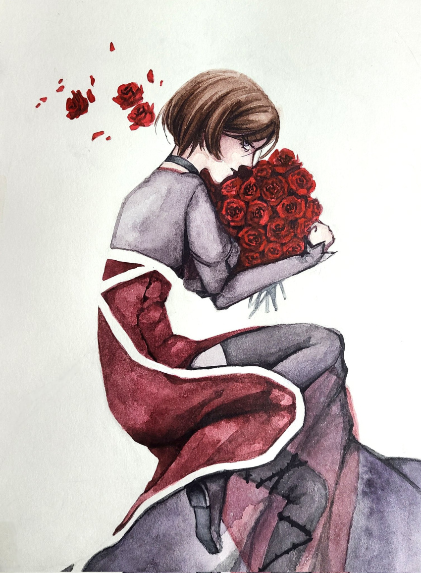 1girl, asymmetrical_hair, bags_under_eyes, black_choker, black_footwear, boots, bouquet, brown_hair, choker, dress, evillious_nendaiki, fetal_position, flower, highres, holding, holding_bouquet, long_sleeves, looking_at_viewer, lying, majo_salmhofer_no_toubou_(vocaloid), meiko_(vocaloid), meta28050, meta_salmhofer, on_side, painting_(medium), parted_lips, petals, profile, red_dress, red_flower, red_rose, rose, rose_petals, see-through, see-through_dress, short_hair, sidecut, sideways_glance, solo, thigh_boots, thorns, traditional_media, undercut, watercolor_(medium)
