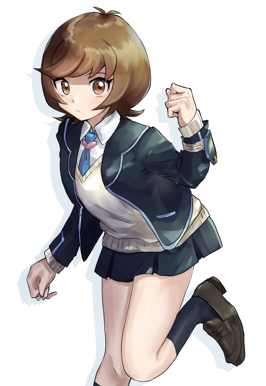 1girl, :/, absurdres, antenna_hair, black_jacket, black_skirt, black_socks, brown_eyes, brown_footwear, brown_hair, cardigan, closed_mouth, collared_shirt, drop_shadow, hand_up, heart, highres, jacket, leg_up, loafers, long_sleeves, miniskirt, nataro_1116, open_clothes, open_jacket, pleated_skirt, shirt, shoes, short_hair, simple_background, skirt, socks, solo, standing, standing_on_one_leg, white_background, white_shirt, yellow_cardigan, yu-gi-oh!, yu-gi-oh!_vrains, zaizen_aoi