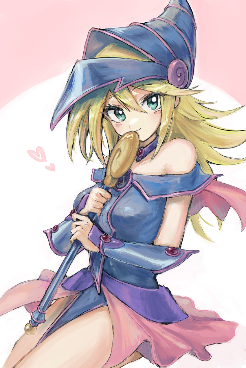 1girl, absurdres, aqua_eyes, bare_shoulders, blonde_hair, blue_headwear, blush_stickers, breasts, closed_mouth, dark_magician_girl, double-parted_bangs, duel_monster, eyes_visible_through_hair, hair_between_eyes, hat, heart, hexagram, highres, holding, holding_scepter, long_hair, medium_breasts, nataro_1116, scepter, smile, solo, wizard_hat, yu-gi-oh!