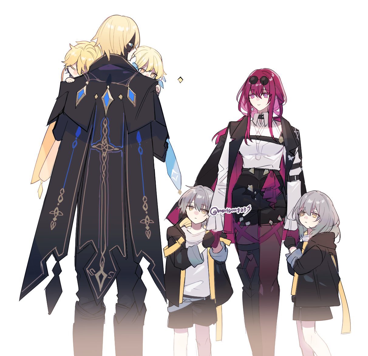 3boys, 3girls, aether_(genshin_impact), aged_down, black_gloves, black_jacket, black_mask, black_shorts, blonde_hair, caelus_(honkai:_star_rail), cape, closed_eyes, closed_mouth, crossover, dainsleif_(genshin_impact), eyewear_on_head, genshin_impact, gloves, grey_hair, half_mask, high-waist_shorts, honkai:_star_rail, honkai_(series), jacket, kafka_(honkai:_star_rail), long_sleeves, lumine_(genshin_impact), mask, matsuringo_(rinorino83), multiple_boys, multiple_girls, pants, redhead, shirt, shorts, simple_background, stelle_(honkai:_star_rail), trailblazer_(honkai:_star_rail), twitter_username, white_background, white_shirt