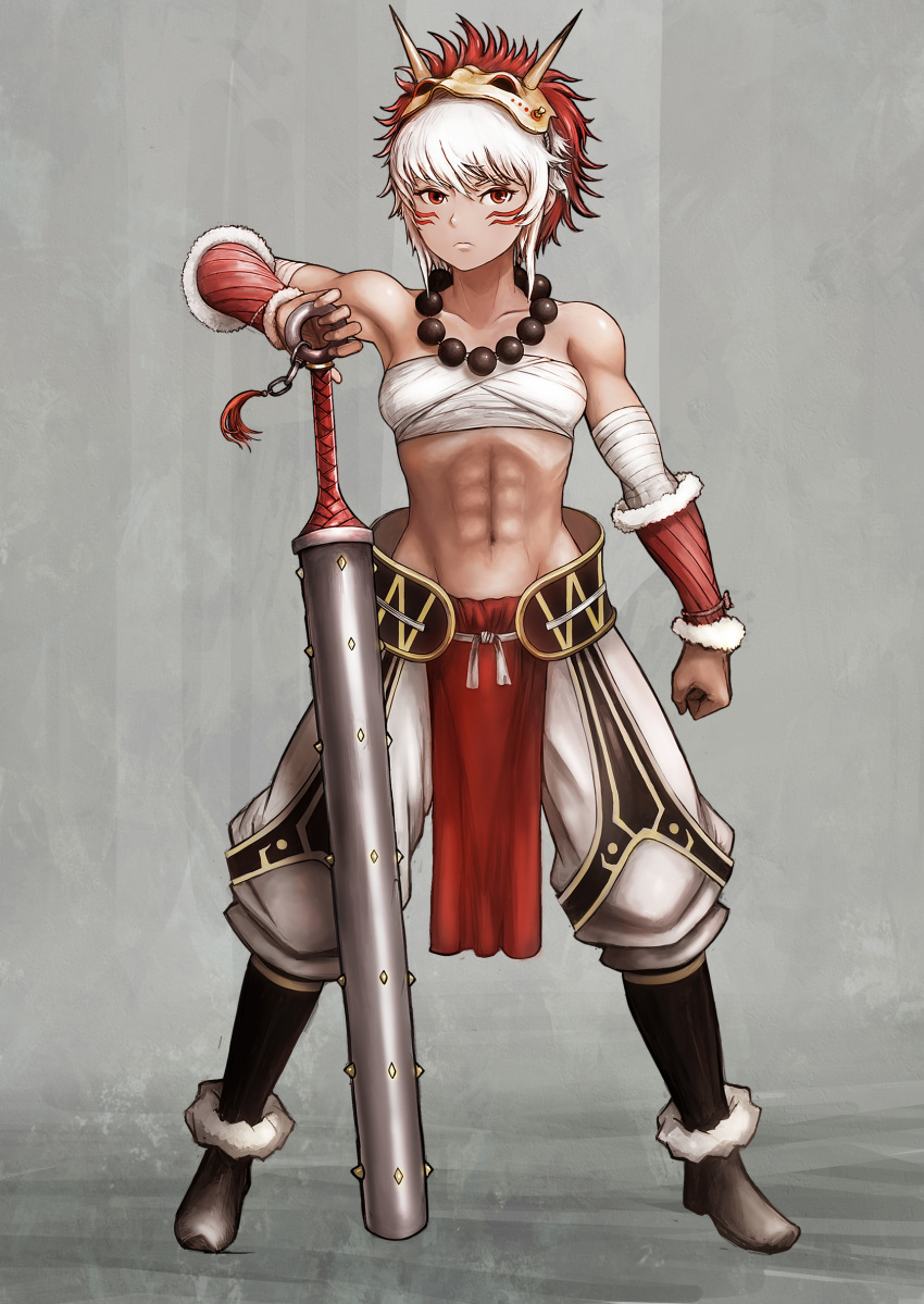 1girl, abs, bare_shoulders, chest_sarashi, facial_tattoo, fire_emblem, fire_emblem_fates, full_body