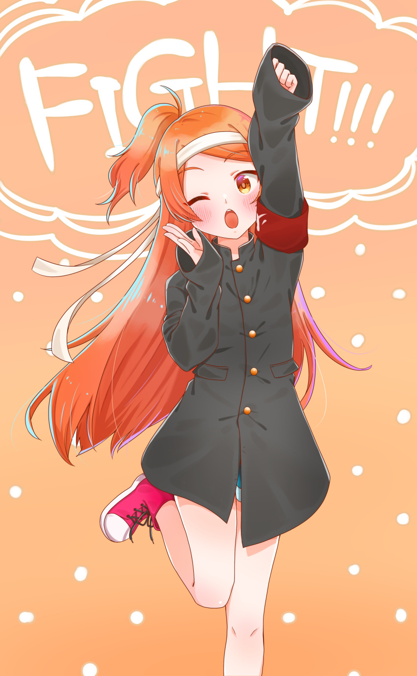 1girl, absurdres, arm_up, black_jacket, blue_shorts, blush, breasts, brown_background