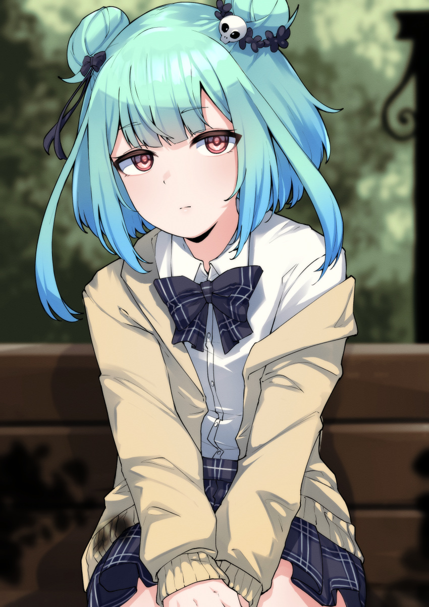 1girl, absurdres, black_bow, black_bowtie, black_skirt, blue_hair, blurry, blurry_background, bow, bowtie, collared_shirt, double_bun, gradient_hair, green_hair, hair_bun, hair_ornament, highres, hololive, jacket, medium_hair, multicolored_hair, on_bench, plaid, plaid_bow, plaid_bowtie, plaid_skirt, red_eyes, school_uniform, shirt, sitting, skirt, skull_hair_ornament, solo, uruha_rushia, uruha_rushia_(school_uniform), valefal_coneri, virtual_youtuber, white_shirt, yellow_jacket
