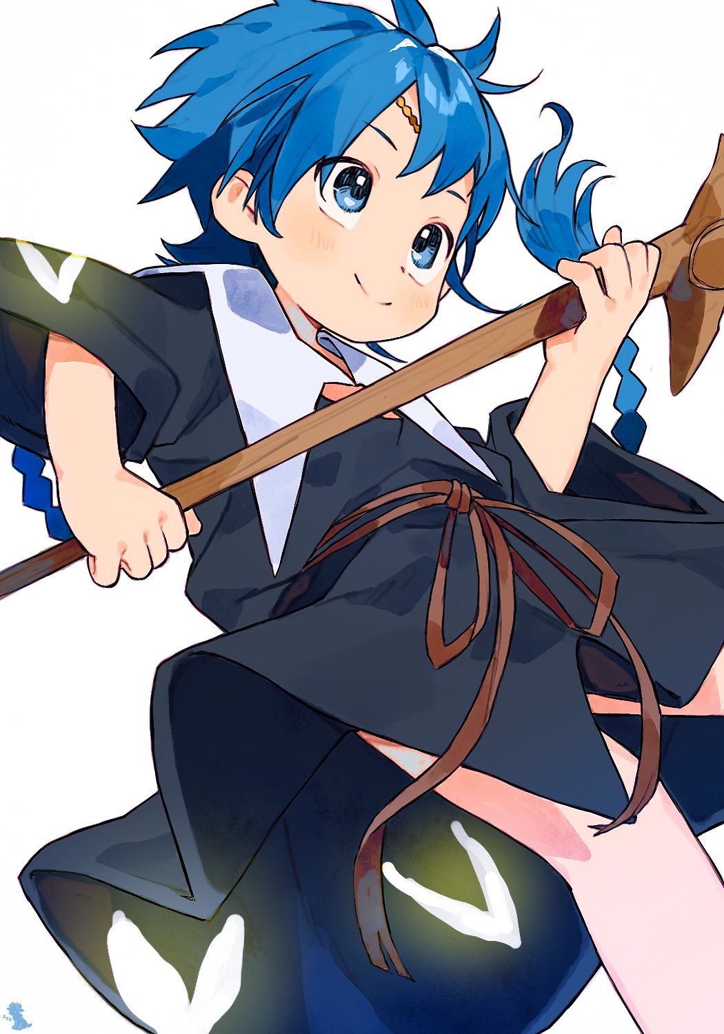 1boy, aladdin_(magi), blue_eyes, blue_hair, braid, child, commentary, fantasy