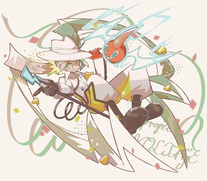 1girl, absurdres, asymmetrical_gloves, black_footwear, black_gloves, boots, cane, electric_miku_(project_voltage)