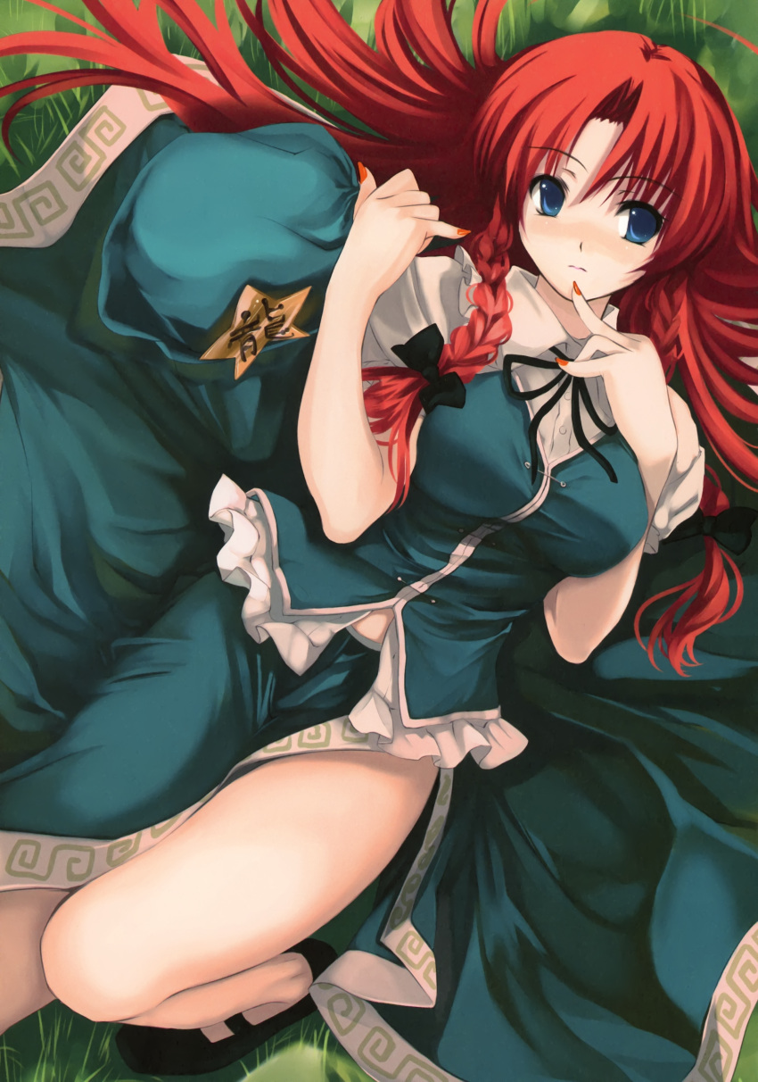 absurdres, blue_eyes, blush, braid, china_dress, chinese_clothes, cradle_(artist), from_above