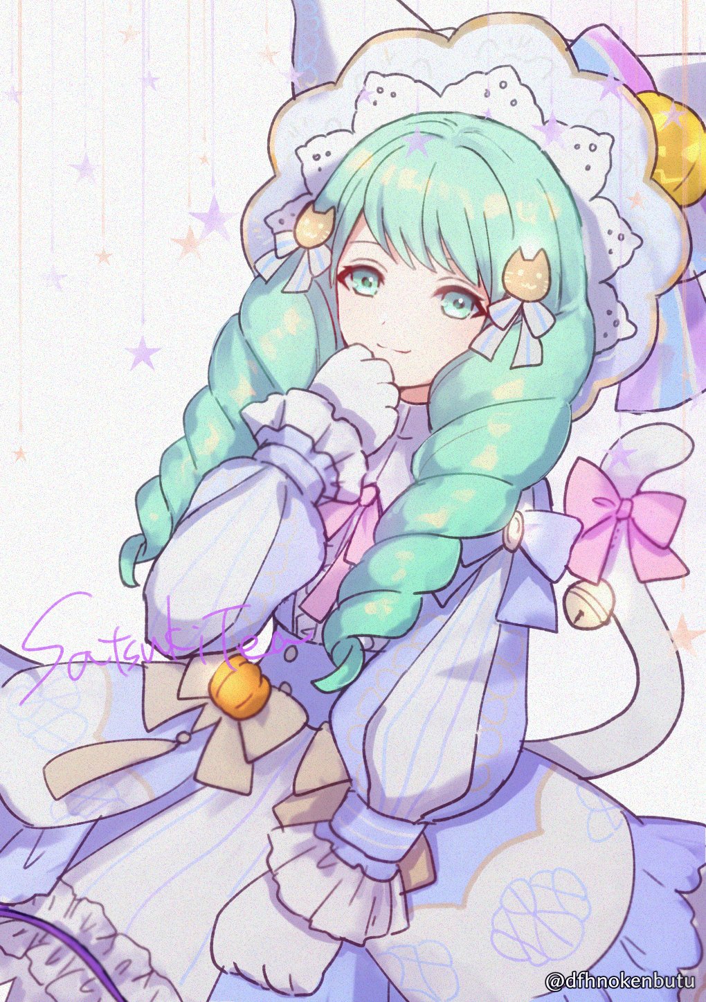 1girl, animal_hands, bell, bow, cat_tail, closed_mouth, dfhnokenbutu, dress