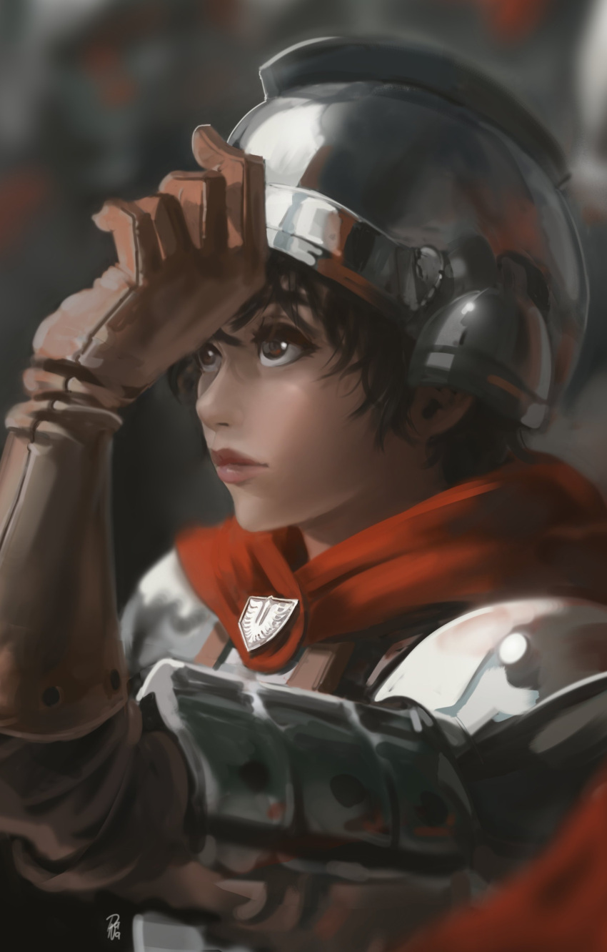 1girl, absurdres, armor, berserk, black_eyes, black_hair, brown_gloves, cape