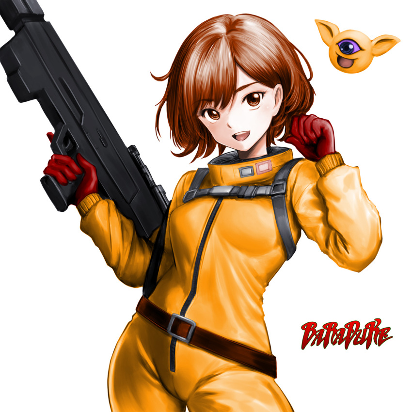 1girl, baraduke, belt, bodysuit, breasts, brown_belt, brown_eyes, brown_hair