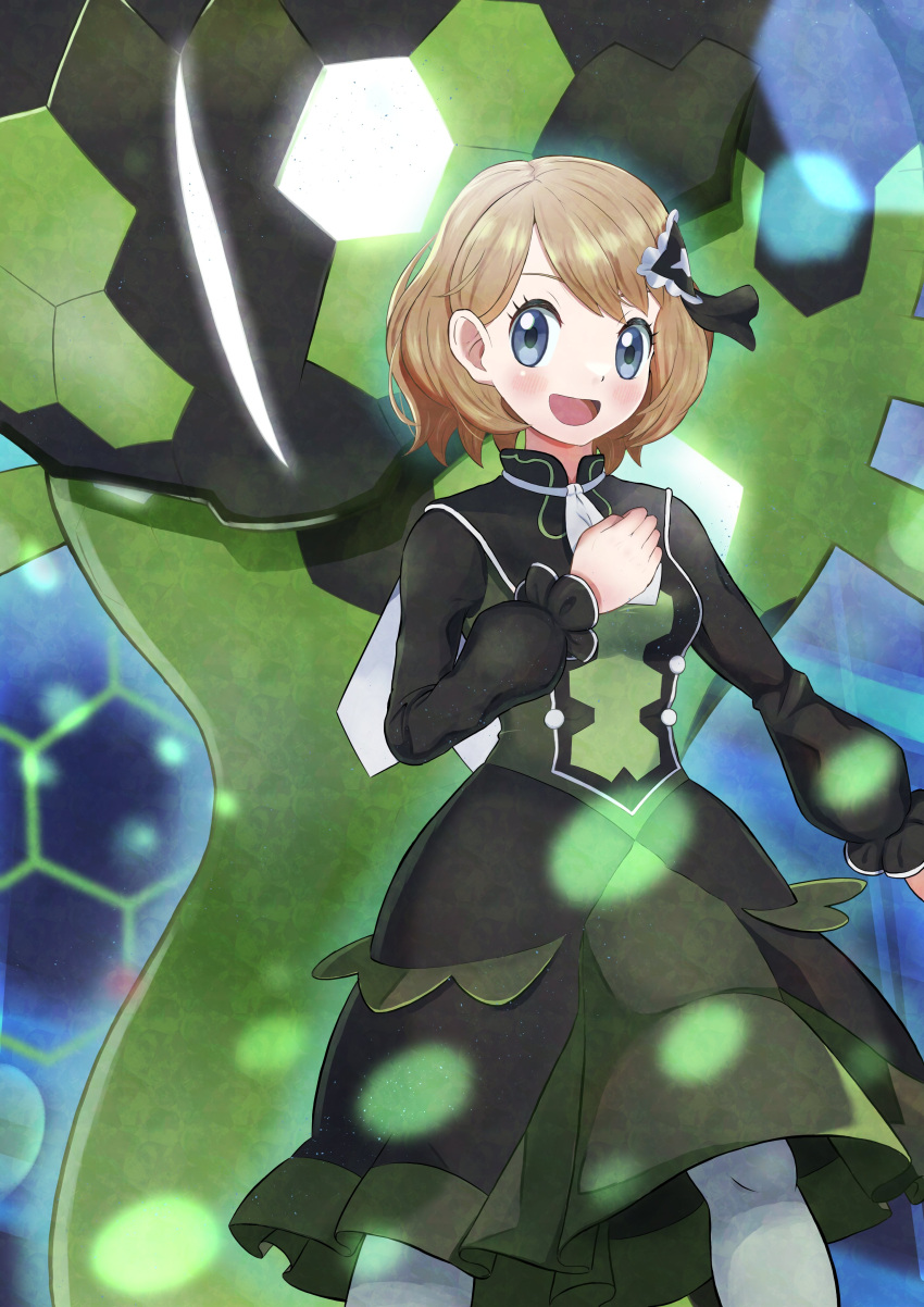 1girl, absurdres, ascot, dosya_252, dress, grey_eyes, hand_on_own_chest, highres, honeycomb_(pattern), honeycomb_background, light_brown_hair, looking_at_viewer, official_alternate_costume, pantyhose, pokemon, pokemon_(creature), pokemon_(game), pokemon_masters_ex, serena_(pokemon), serena_(sygna_suit)_(pokemon), short_hair, smile, zygarde, zygarde_(50)