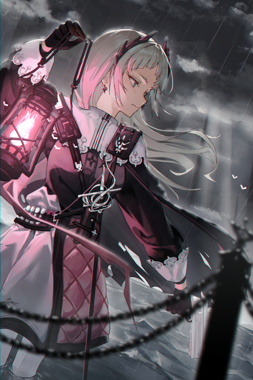 1girl, arknights, black_cape, black_gloves, black_jacket, blurry, blurry_foreground, cape