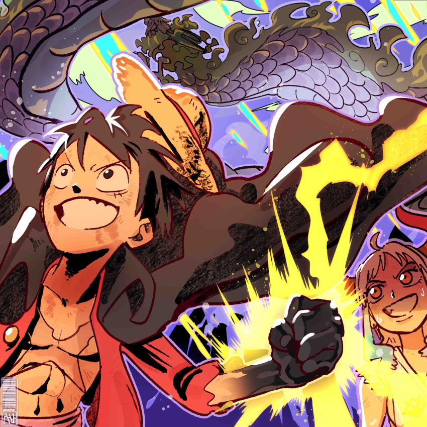 1girl, 2boys, alternate_form, black_cape, black_hair, cape, clenched_hand, dragon