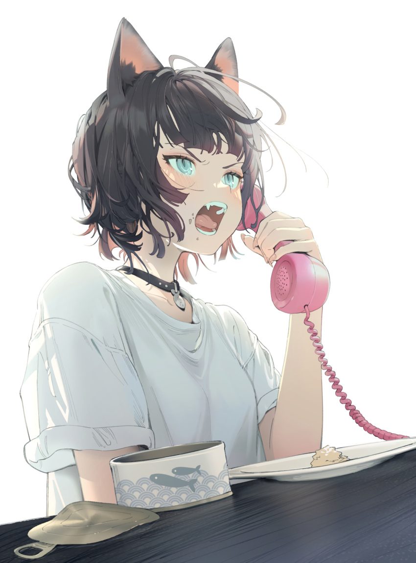1girl, black_collar, black_hair, blue_eyes, blush, canned_fish, collar, commentary_request