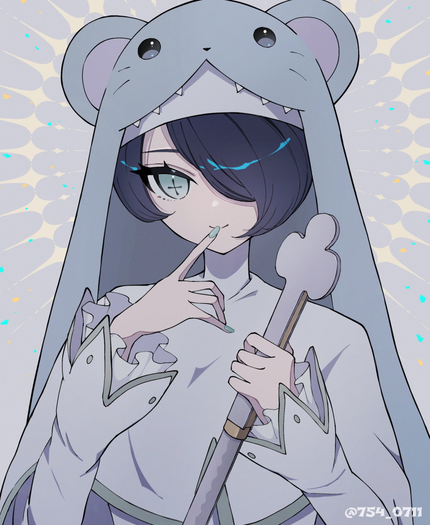 animal_hood, artist_name, blue_eyes, blue_hair, blue_nails, dark_blue_hair, digimon, digimon_(creature)