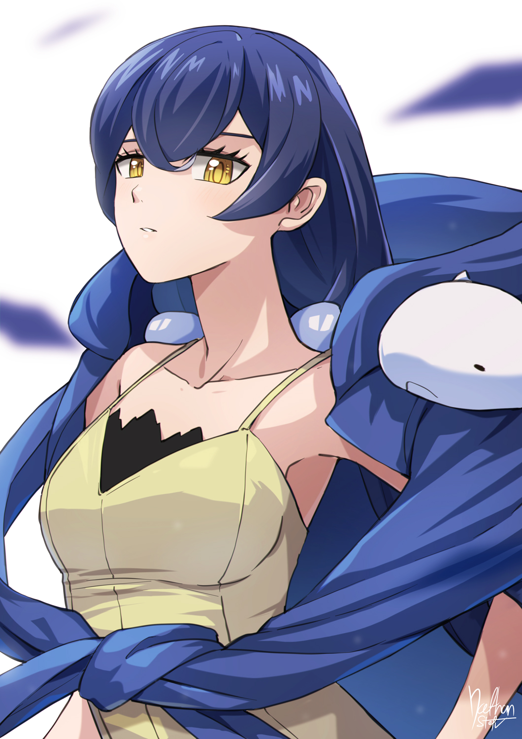 1girl, blue_hair, coat, coat_on_shoulders, digimon, dress, highres, long_hair