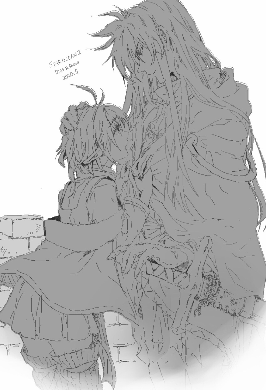 1boy, 1girl, cape, closed_mouth, dated, dias_flac, greyscale, highres
