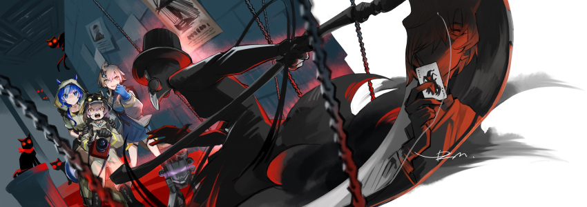 1boy, 3girls, absurdres, arknights, black_gloves, black_headwear, black_jacket, blue_dress, blue_eyes, blue_gloves, blue_hair, brown_coat, brown_eyes, brown_jacket, card, chain, coat, commentary, cropped_jacket, dress, english_commentary, feet_out_of_frame, glaucus_(arknights), glaucus_(exterminator_in_the_square)_(arknights), gloves, hand_up, hands_on_another's_shoulders, hat, highres, holding, holding_card, holding_ghostbuster, holding_scythe, hood, hood_up, hooded_jacket, indoors, jacket, joker_(playing_card), light_brown_hair, mayer_(arknights), mayer_(visionblazer_in_the_courtyard)_(arknights), multiple_girls, nervous, official_alternate_costume, phantom_(arknights), phantom_(dream_within_a_dreammare)_(arknights), plague_doctor_mask, playing_card, poster_(object), scared, scythe, shaw_(arknights), shaw_(cleansweeper_in_the_castle)_(arknights), short_hair, signature, simple_background, surprised, sweat, tkmkm75, top_hat, wall, wanted, white_background