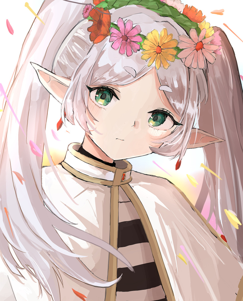 1girl, absurdres, capelet, commentary, earrings, elf, frieren, green_eyes, head_wreath, highres, jewelry, long_hair, minamisuwari, pointy_ears, solo, sousou_no_frieren, white_capelet, white_hair