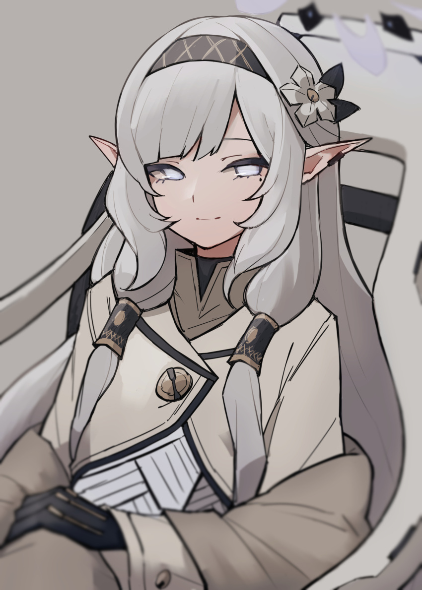 1girl, black_hairband, blue_archive, closed_mouth, flower, gloves, grey_background, grey_hair