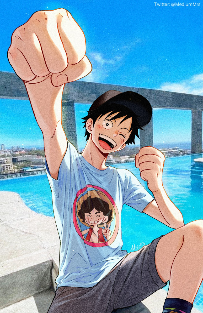 1boy, alternate_costume, artist_name, baseball_cap, black_hair, black_headwear, blush, clenched_hands
