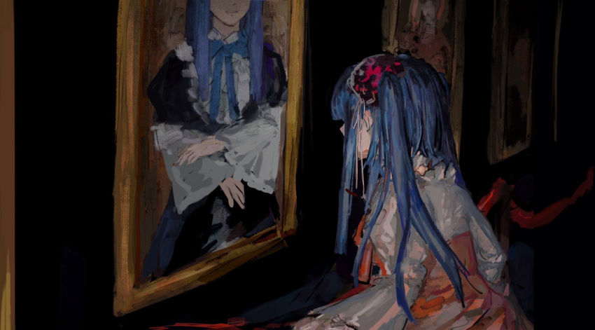 ashashio, blue_hair, blunt_bangs, dress, facing_object, furudo_erika, highres, long_hair
