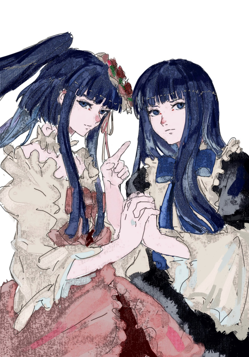 2girls, ashashio, blue_bow, blue_bowtie, blue_eyes, blue_hair, blunt_bangs, bow