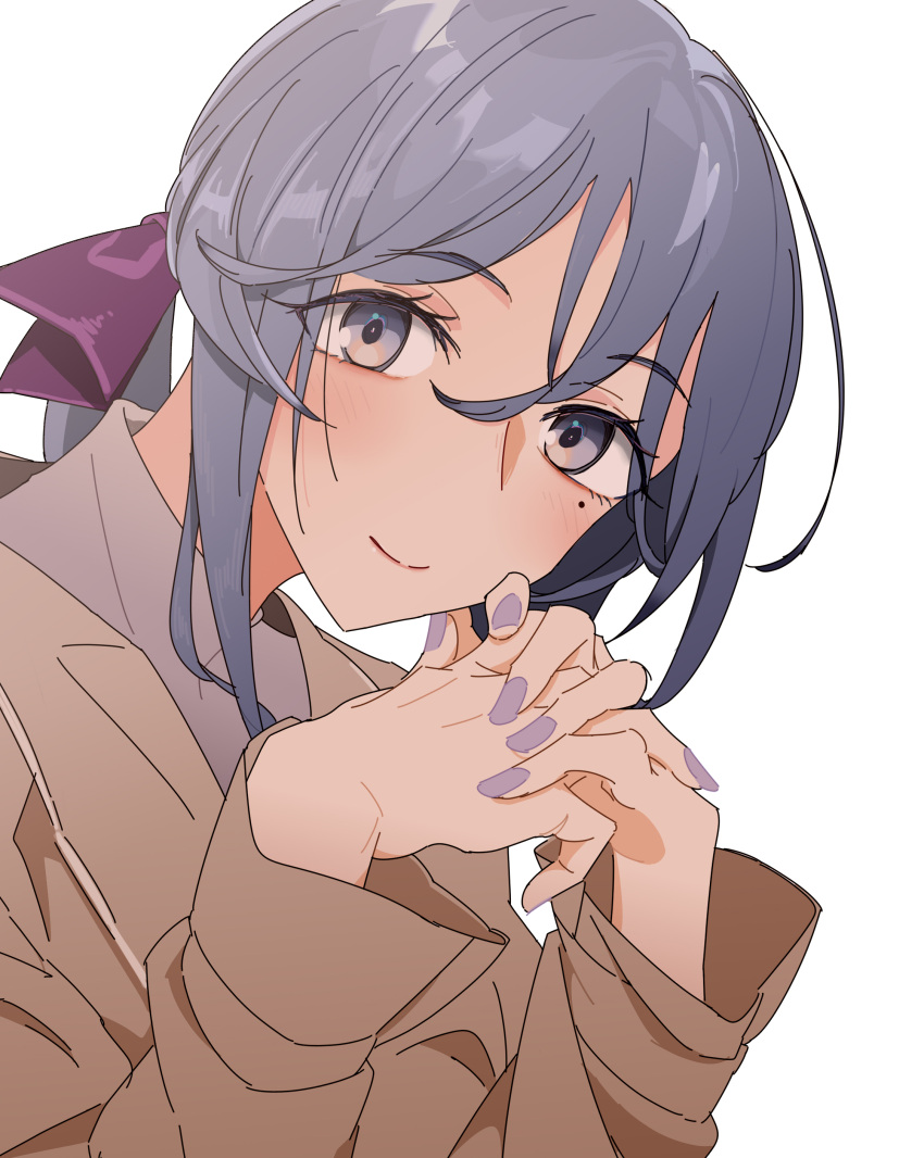 1girl, absurdres, anotsugini_kuruji, blue_eyes, blue_hair, brown_coat, closed_mouth, coat, gotland_(kancolle), hair_between_eyes, hair_ribbon, highres, interlocked_fingers, kantai_collection, long_hair, long_sleeves, looking_at_viewer, mole, mole_under_eye, nail_polish, ponytail, purple_nails, purple_ribbon, ribbon, simple_background, solo, upper_body, white_background